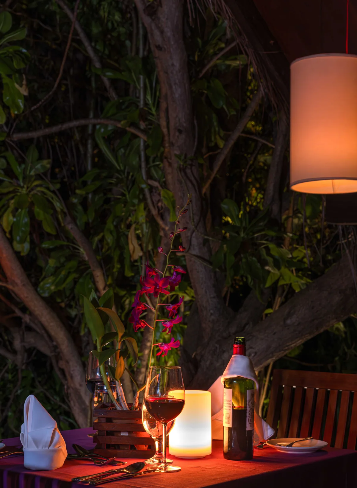 Adaaran Prestige Vadoo, dining, South Malé Atoll, Maldives, Farivalhu fine-dining setting, an intimate single-table arrangement in a jungle alcove, deep-red linen with white napkin folds, a bottle of red wine and two glasses, a wax candle in a textured holder, a vase of magenta dendrobium orchids, and a suspended drum lamp casting warm spotlight.