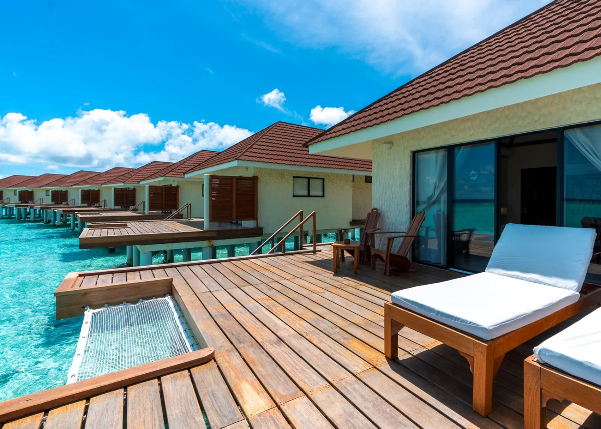 Alimathaa Maldives Resort, villa beach, Vaavu Atoll, Maldives, Deluxe Beach Villa at the perimeter configuration.