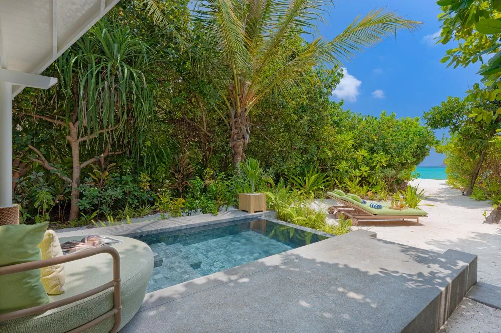 RAAYA by Atmosphere, Beach Pool Villa with dark-tile plunge pool, sun lounger, lush jungle planting and beach access to lagoon, Raa Atoll, Maldives