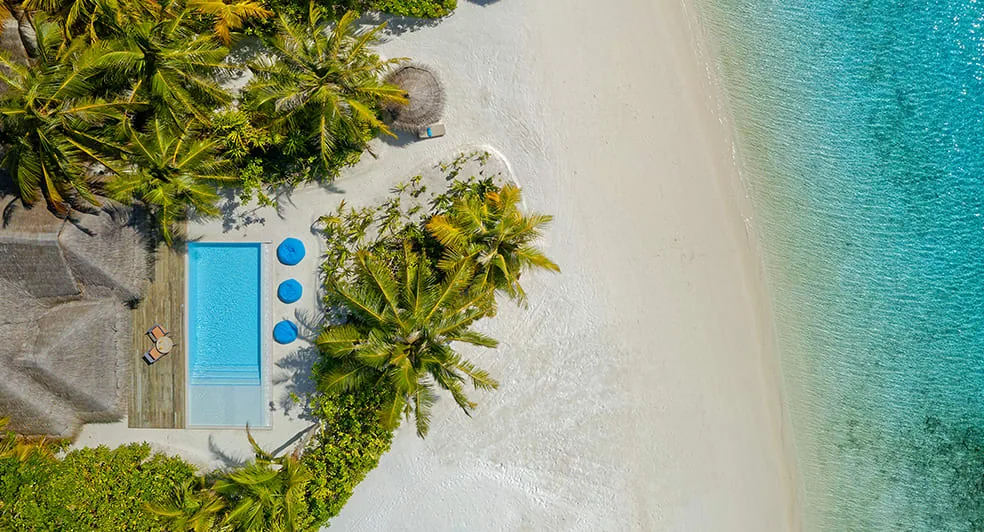 Anantara Dhigu Maldives Resort, villa beach, South Malé Atoll, Maldives, Two-Bedroom Family Beach Villa at the multi-generation family configuration.