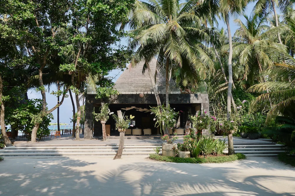 Anantara Kihavah Maldives Villas, dining, Baa Atoll, Maldives, Manzaru, the Italian dining pavilion: thatched-roof structure with stepped sand-path approach through the palm canopy, the property's strongest pasta programme.