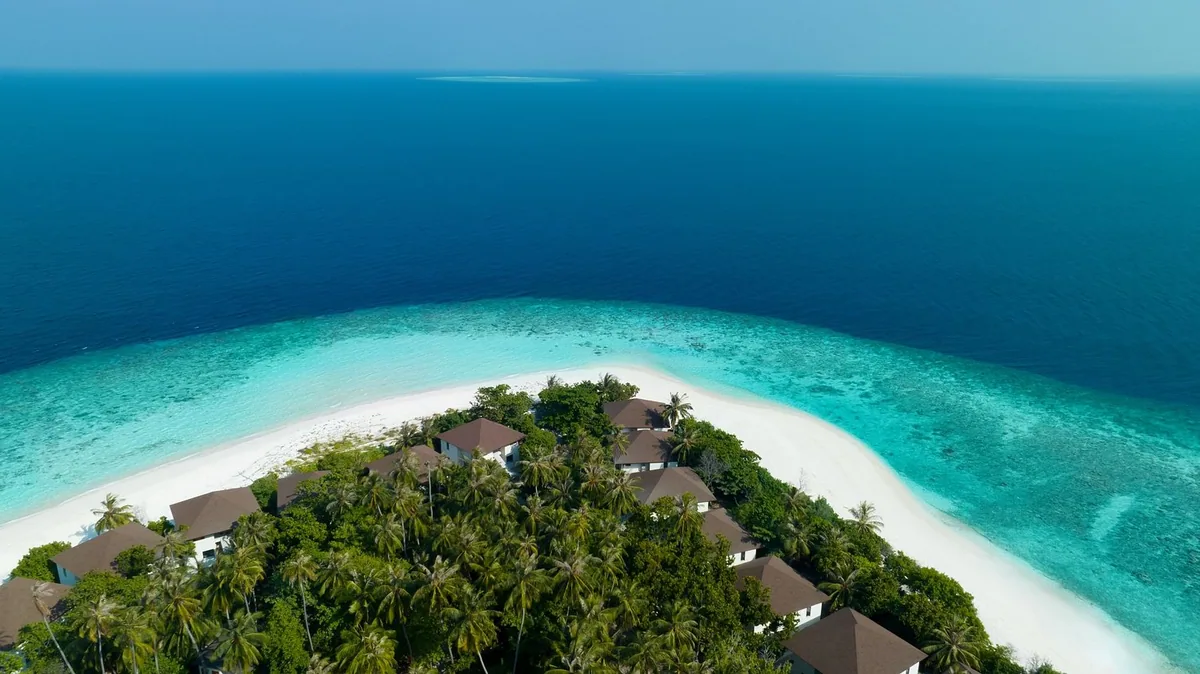 Avani+ Fares Maldives, aerial of beach-villa end of Fares island with white-sand curve, palm canopy, pitched-roof villas and reef edge to open ocean, Baa Atoll, Maldives