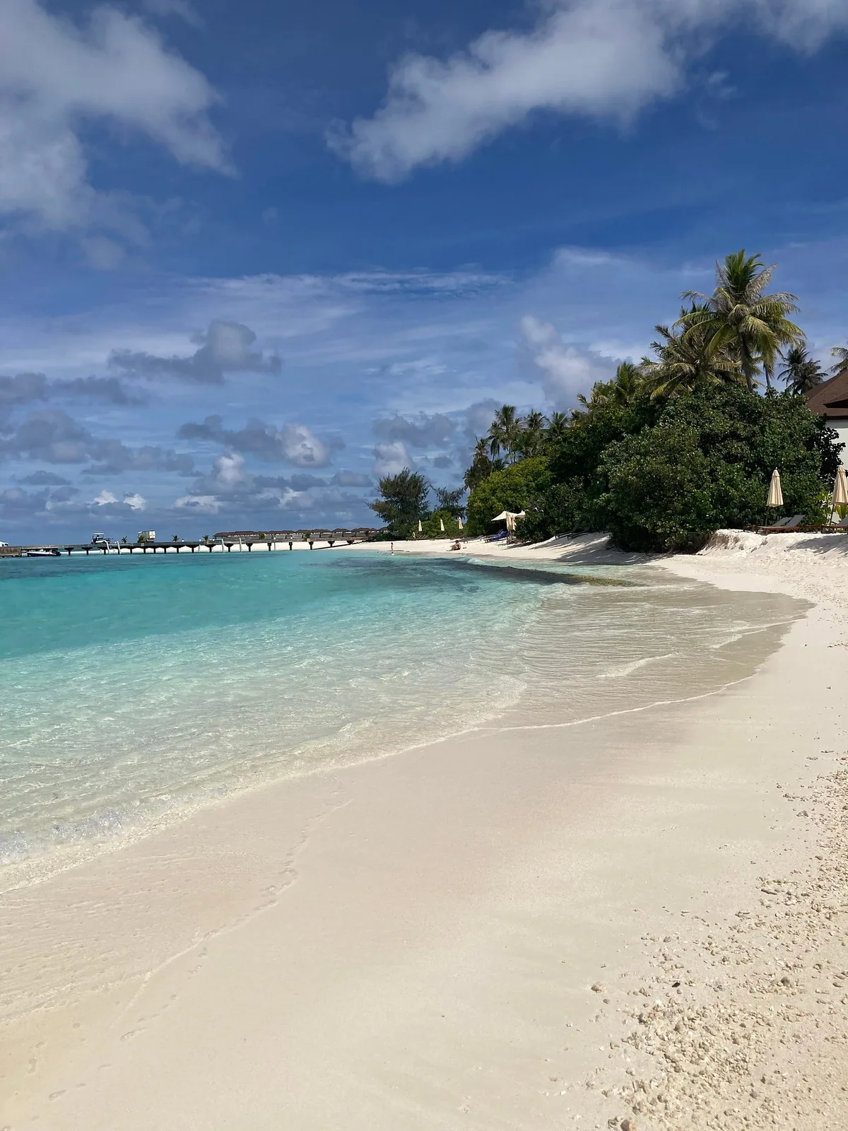 Avani+ Fares Maldives, beach curve view with lapping water on white sand, palm coastline, sun loungers and water villa jetty in left distance, Baa Atoll, Maldives