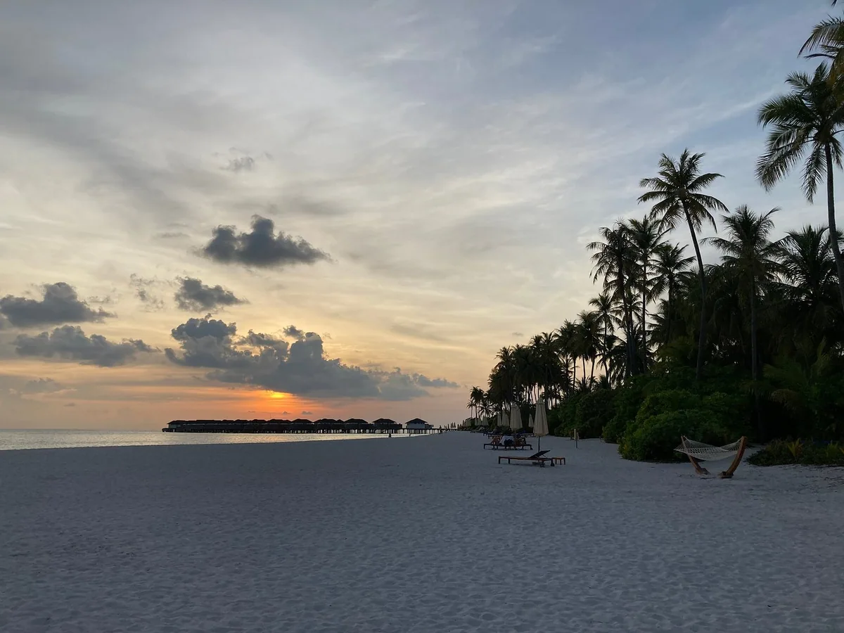Avani+ Fares Maldives, beach sunset with sun loungers, hammock under coconut palms and water villa cluster silhouette on horizon, Baa Atoll, Maldives