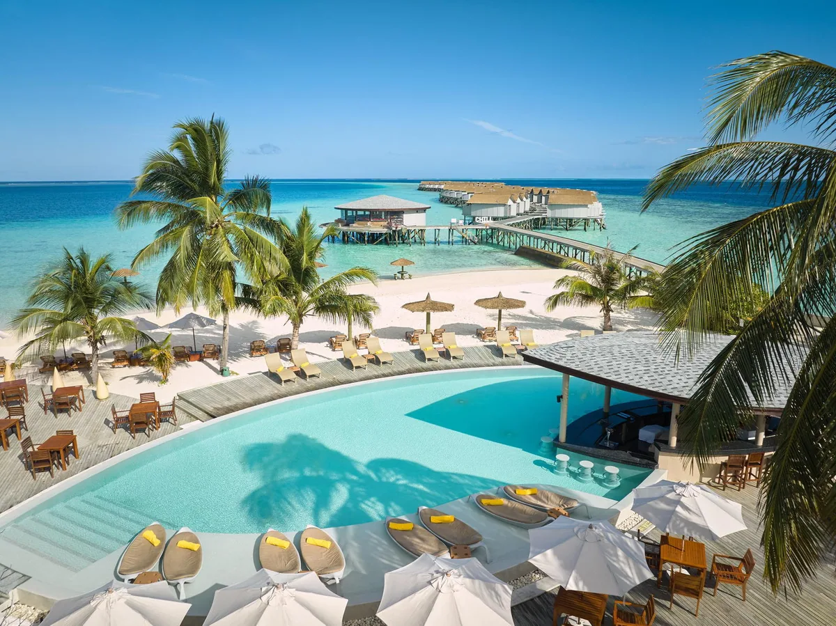 Centara Ras Fushi Resort & Spa, pool, North Malé Atoll, Maldives, Main pool aerial: oblique view of the distinctive curved infinity pool with a swim-up bar, rows of sun loungers with yellow towels and parasols arranged along the deck, the white sand beach extending to the right, the circular Viu Bar over-water pavilion and the OWV cluster visible in the mid-distance, tall coconut palms framing the foreground.