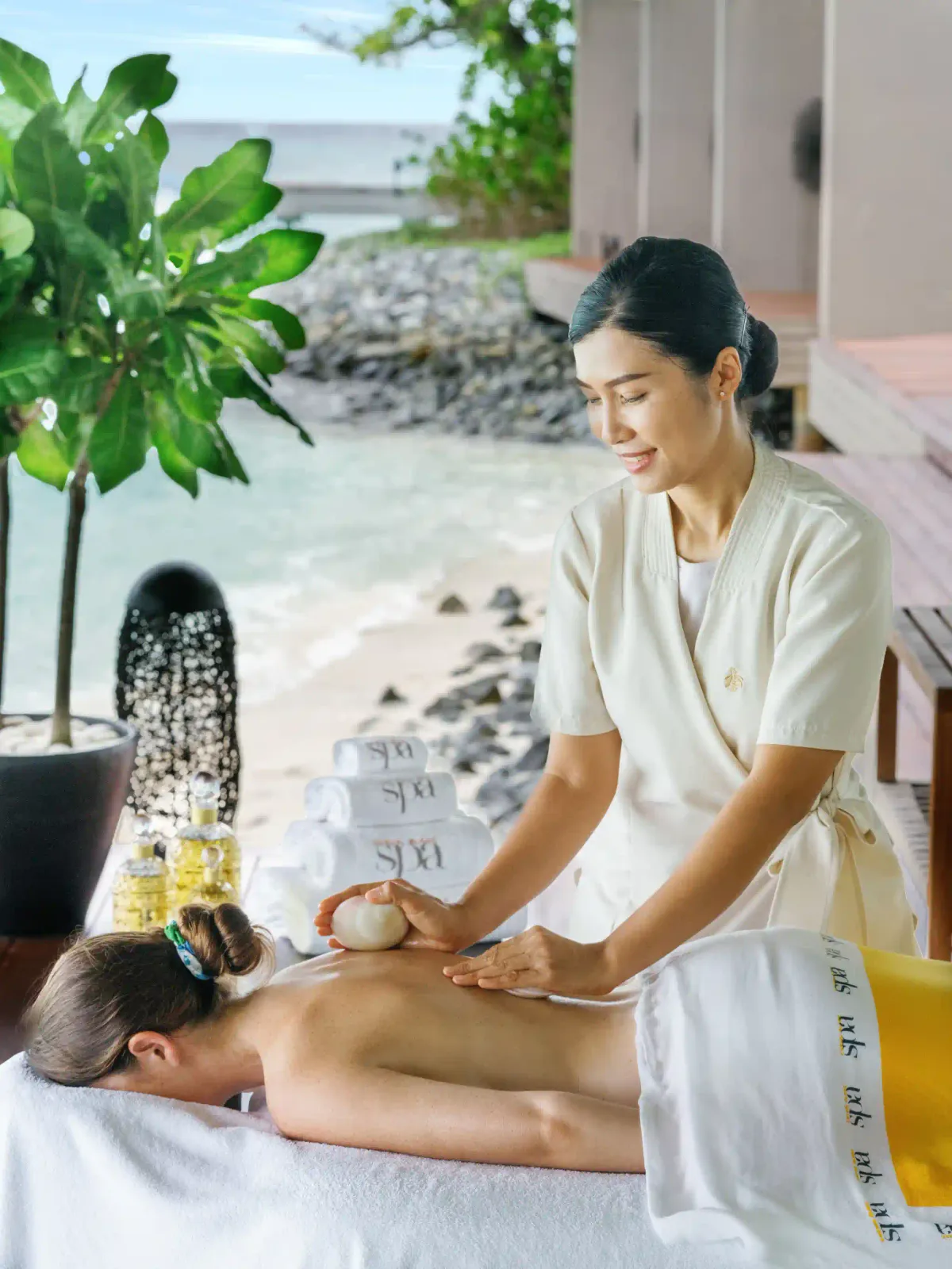 Guerlain Spa pavilion treatment room at Cheval Blanc Randheli, the only Guerlain spa in the Maldives.