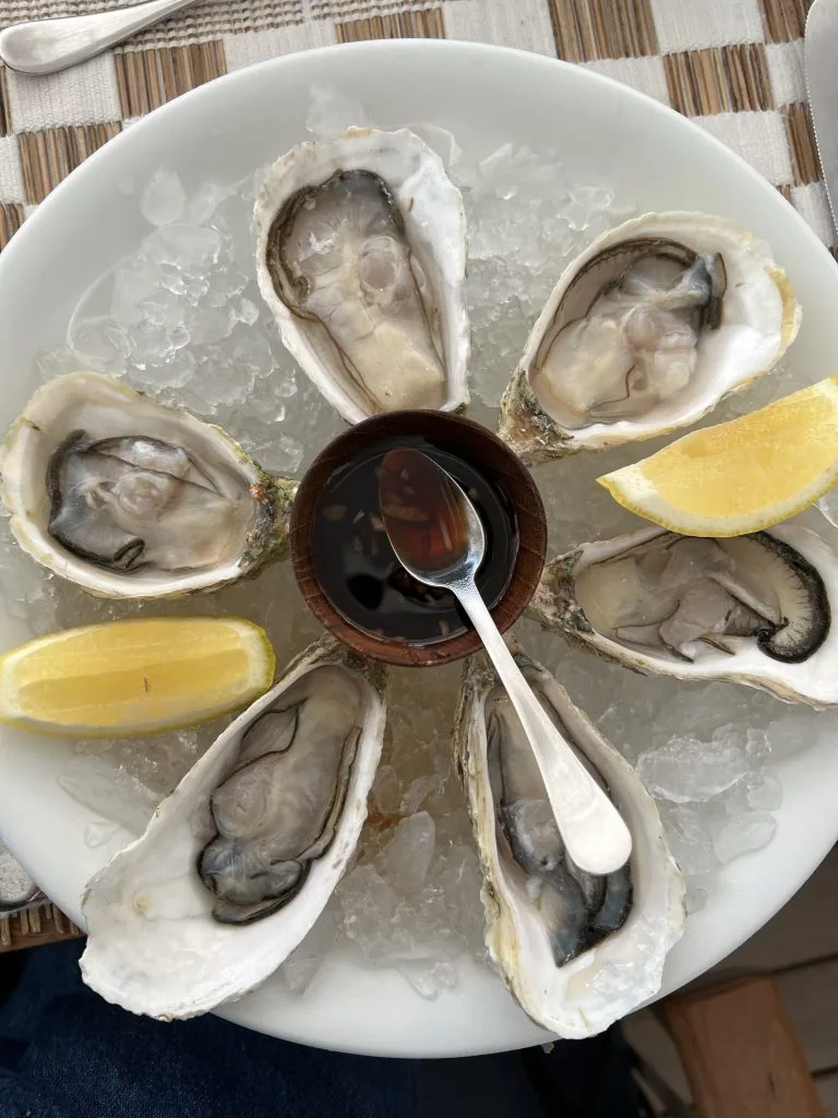 COMO Cocoa Island, dining, South Malé Atoll, Maldives, Fresh oyster plate, six oysters arranged on crushed ice around a small wooden cup of dark-soy mignonette and a silver spoon, lemon wedges between, served on woven placemat on a timber table at Ufaa.