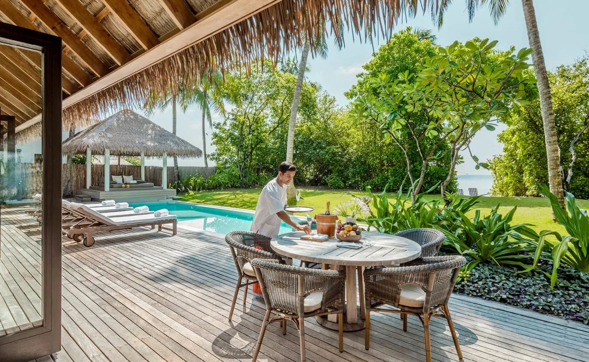 COMO Maalifushi, villa beach, Thaa Atoll, Maldives, One-Bedroom Beach Villa at the perimeter pool configuration.