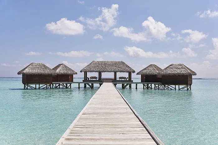 Conrad Maldives Rangali Island, spa, Alif Dhaal (South Ari) Atoll, Maldives, Over Water Spa jetty approach, the timber boardwalk leading to the central reception pavilion flanked by the four treatment villas, 100 metres off Rangalifinolhu.