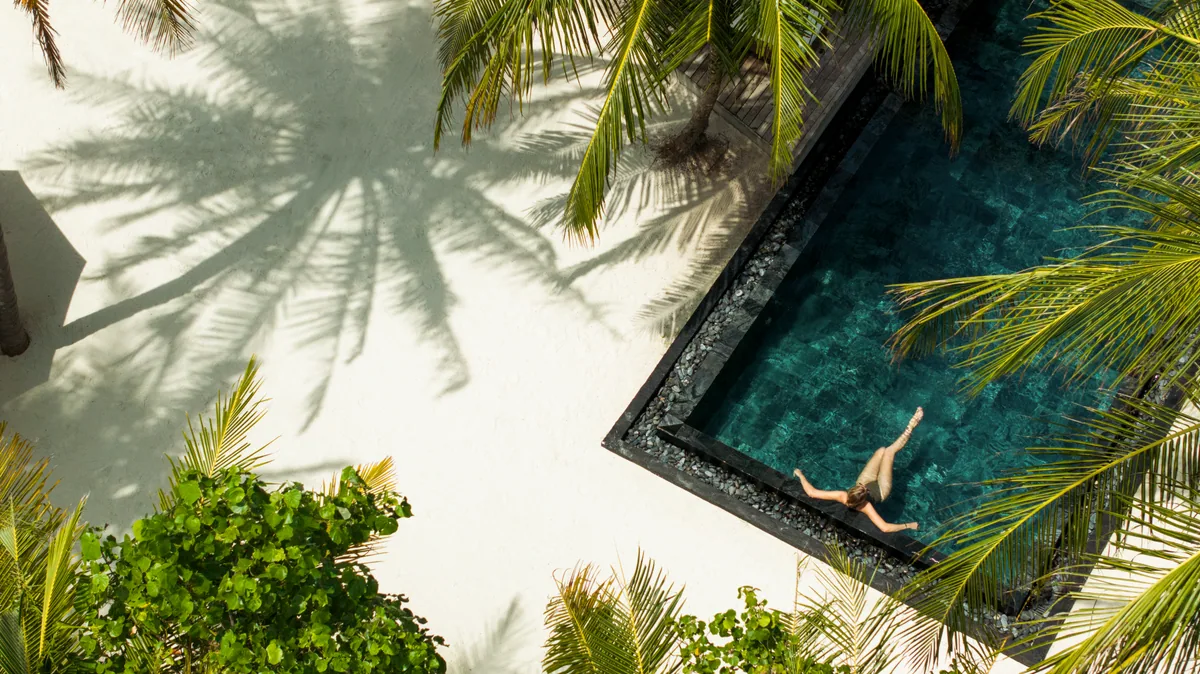 Constance Halaveli, villa beach, Alif Alif Atoll (North Ari), Maldives, Presidential Villa private pool top-down aerial, dark-stone-framed plunge pool on the white sand with a guest swimming, a single palm casting a fan-shaped shadow across the deck, lush greenery framing the entry. The property's upper-tier beach-side configuration.