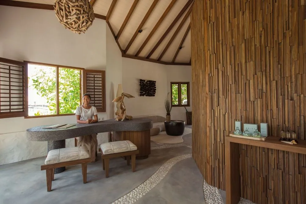 DRIFT Thelu Veliga Retreat, spa, Alif Dhaal (South Ari) Atoll, Maldives, Spa reception interior, white-painted cathedral pitched-rafter ceiling under a sculptural woven-driftwood-ball chandelier, vertical-timber-slat feature wall, organic-curve reception counter in textured stone, the DRIFT-branded product display visible on the right shelf.