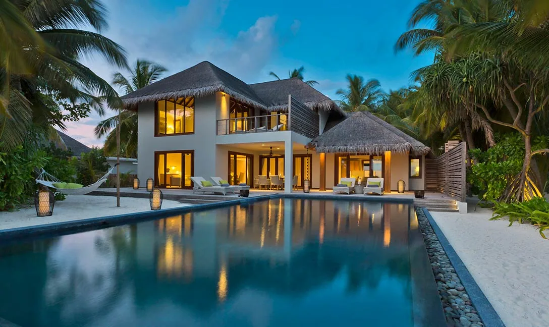 Dusit Thani Maldives, villa beach, Baa Atoll, Maldives, Two-Bedroom Family Beach Villa with Pool, the multi-room family configuration.
