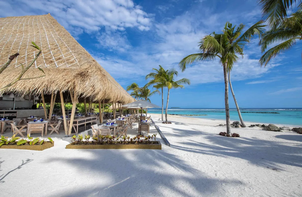 Emerald Faarufushi, Beach Club Grill beachfront pavilion with high thatched conical roof, wooden chairs and tables on sand, parasol, palms and beach beyond, Raa Atoll, Maldives