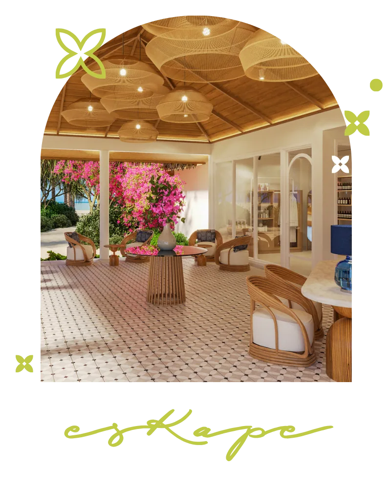 Eri Maldives, spa, North Malé Atoll, Maldives, EsKape Spa reception interior: distinctive timber radial-rafter dome ceiling with a central pendant light, beige sofa accented by a bright pink ornamental floral arrangement, a blue armchair, terracotta-tile chevron floor, an arched white doorway revealing soft natural light from above, the signature spa-reception architecture.