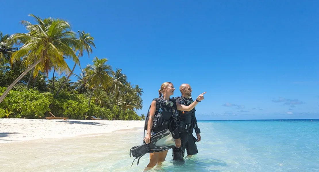 Filitheyo Island Resort, activity, Faafu Atoll, Maldives, PADI dive program guests entering the reef shallows in BCDs holding fins, a palm-canopy beach and turquoise lagoon stretching to the reef edge, the dive-focused identity, on the quiet, less-touristed Faafu sites.