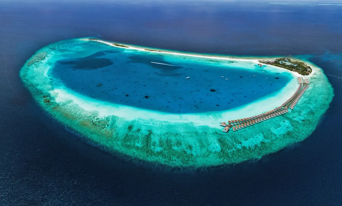 Finolhu Baa Atoll, aerial, Baa Atoll, Maldives, Finolhu Baa Atoll, the 1.8-kilometre Kanufushi sandbank-style island geometry in northern Baa Atoll UNESCO Biosphere Reserve.