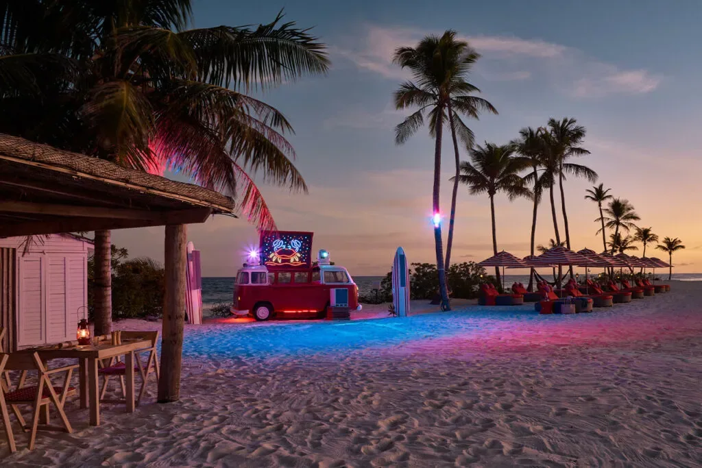 Finolhu Baa Atoll, dining, Baa Atoll, Maldives, Beach Kitchen all-day pavilion with the retro-design vocabulary and the live cooking stations.