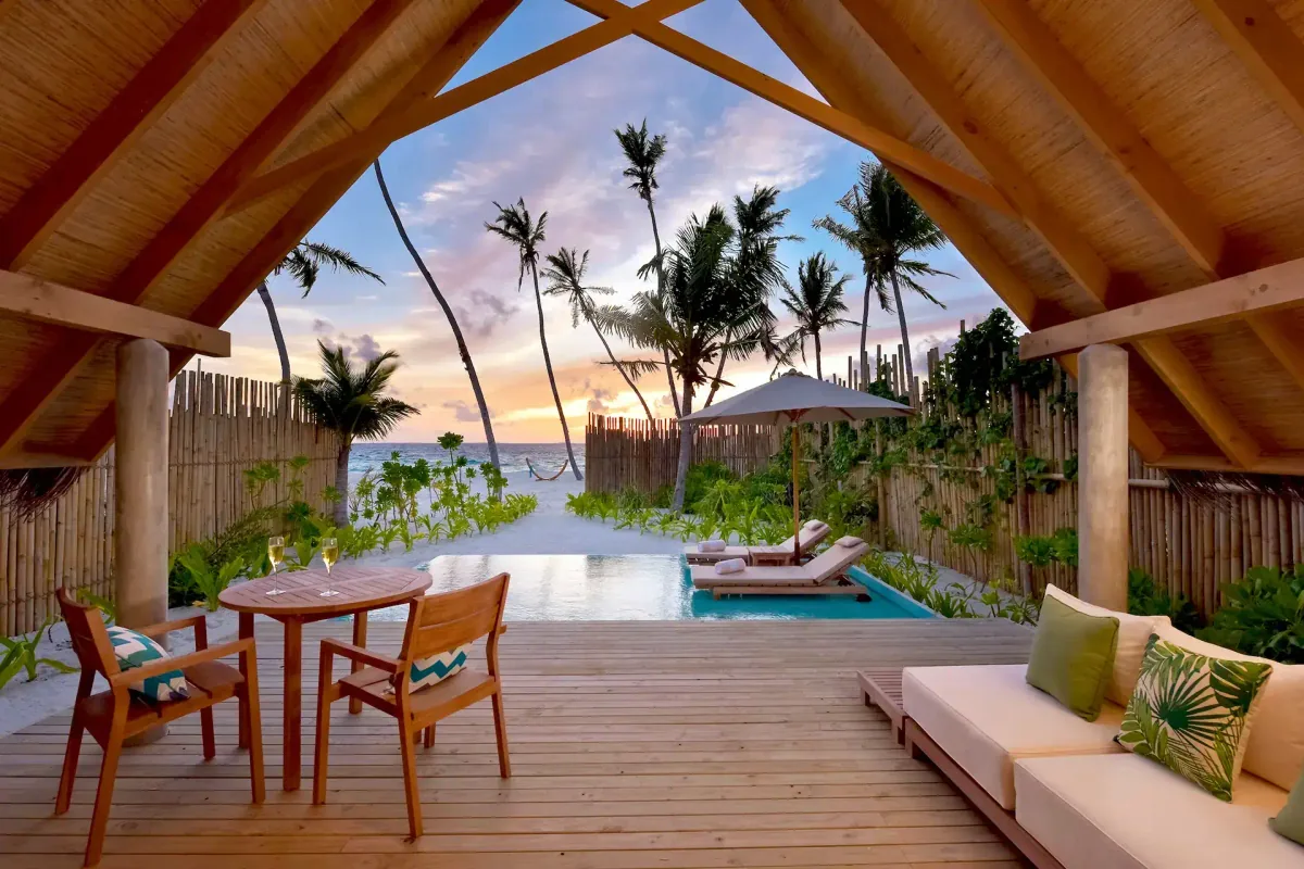 Fushifaru Maldives, villa beach, Lhaviyani Atoll, Maldives, Sunset Beach Pool Villa at the western sunset-orientation edge.