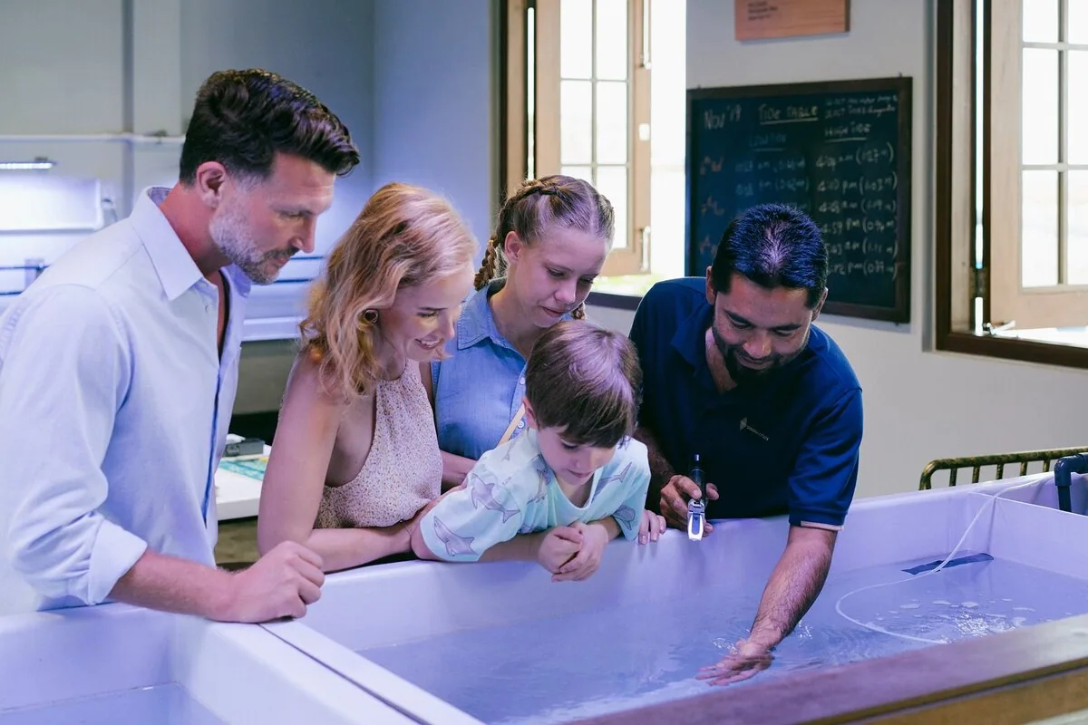 Hard Rock Hotel Maldives, activity, South Malé Atoll, Maldives, Marine Discovery Centre family experience: marine biologist showing a child a specimen in a touch-and-hold tank, parents leaning in, chalkboard tide-table behind, water tanks lining the room, the Crossroads marine-education programme that operates across the cluster.