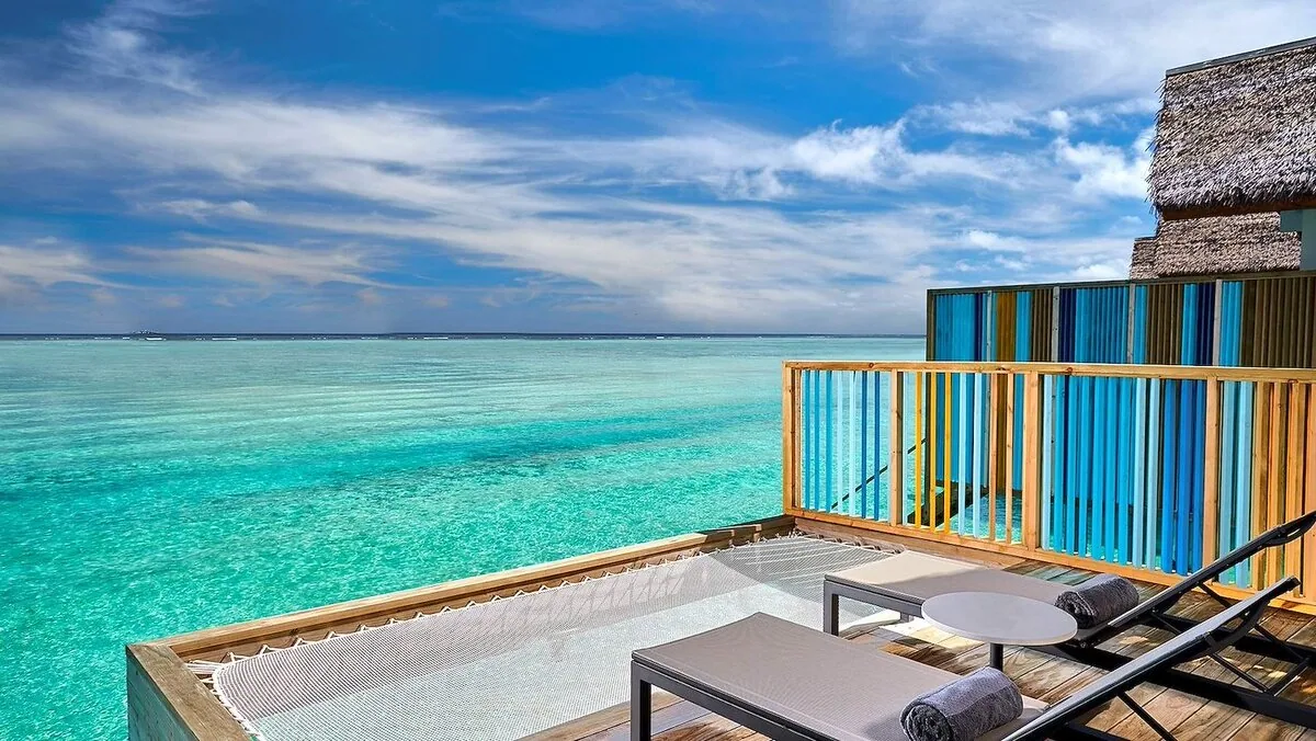 Hard Rock Hotel Maldives, aerial, South Malé Atoll, Maldives, Hard Rock Hotel Maldives, the Emboodhoo Finolhu island geometry within the Crossroads Maldives integrated-development cluster (Hard Rock + SAii Lagoon + Marina precinct on adjacent islands).