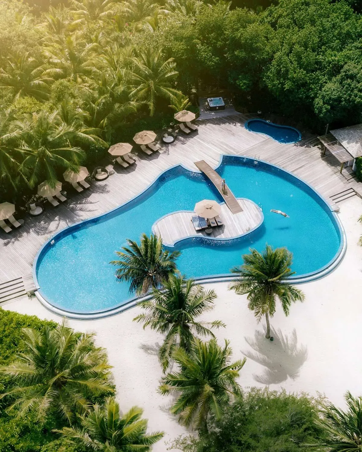 Hideaway Beach Resort & Spa, main peanut-shaped infinity pool aerial with central deck and palm canopy, Haa Alif Atoll, Maldives