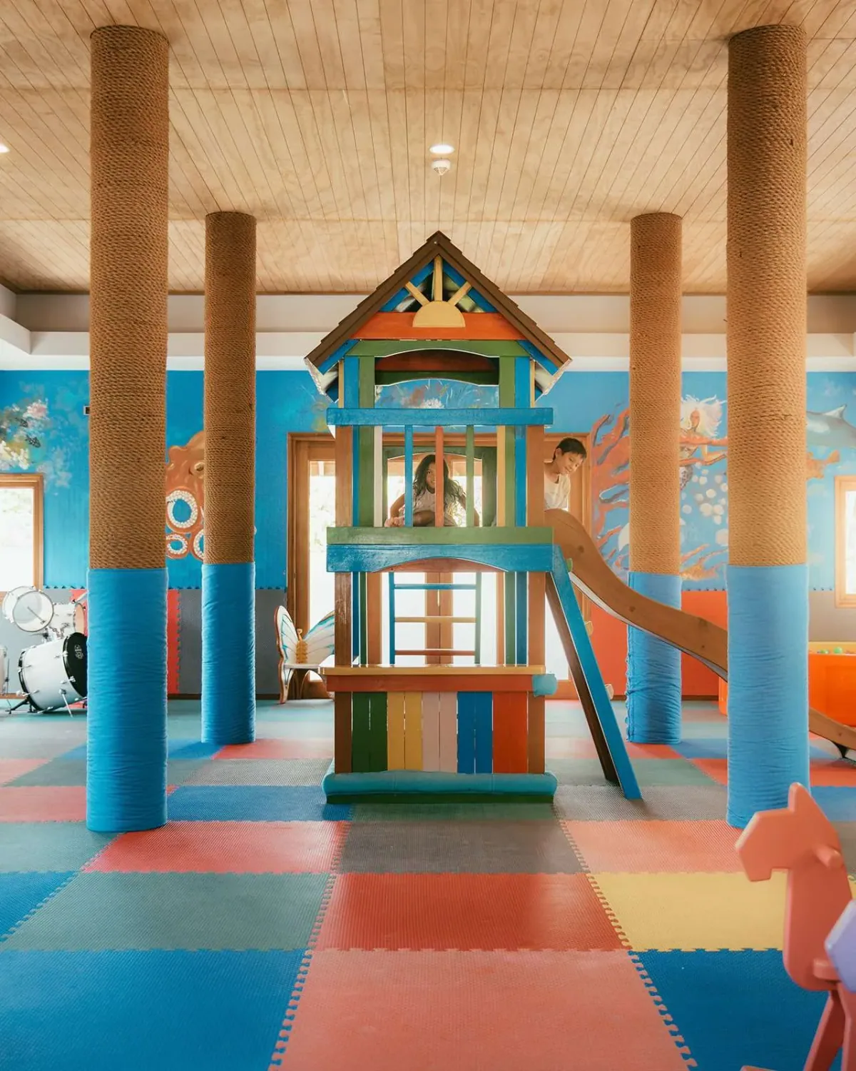 Hideaway Beach Resort & Spa, Tender Hearts Kids Club wooden play tower interior with marine-life murals, Haa Alif Atoll, Maldives