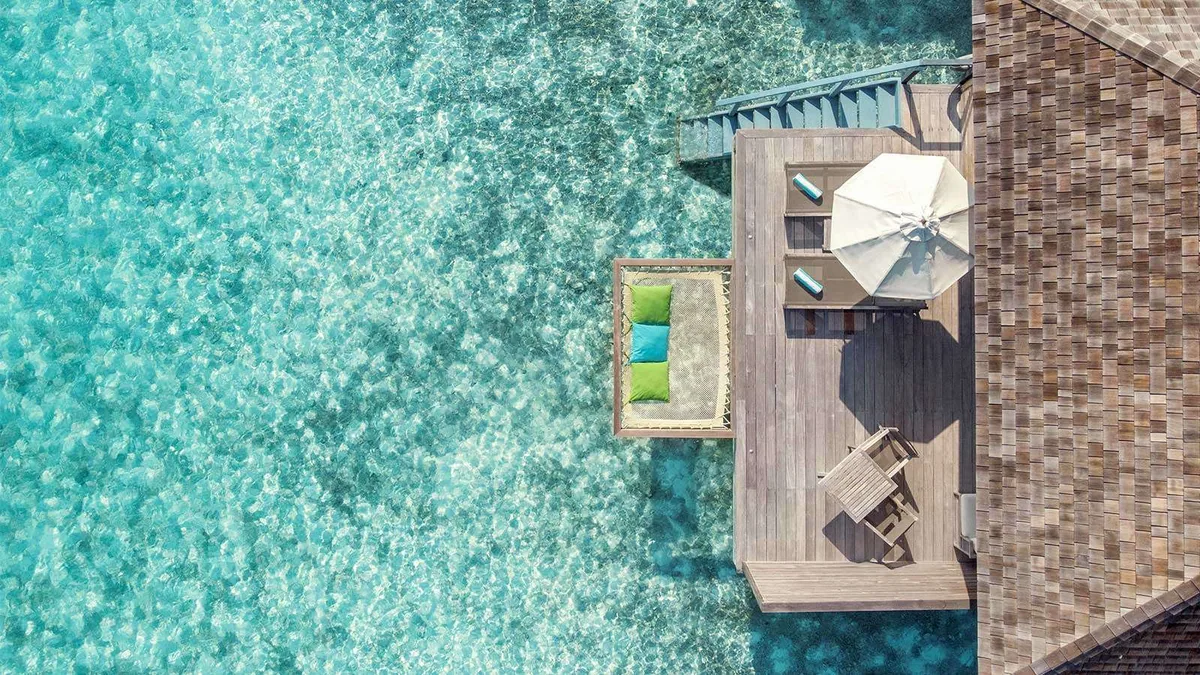 Hurawalhi Island Resort, villa beach, Lhaviyani Atoll, Maldives, Romantic Ocean Pool Villa at the over-water configuration.