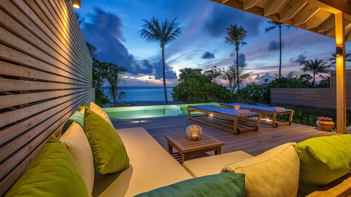 Hurawalhi Island Resort, villa beach, Lhaviyani Atoll, Maldives, Beach Sunset Pool Villa at the western sunset-orientation edge.