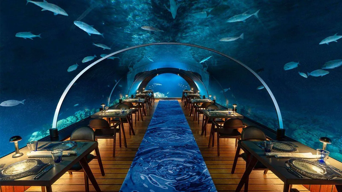 Hurawalhi Island Resort, dining, Lhaviyani Atoll, Maldives, 5.8 Undersea Restaurant, the all-glass undersea fine-dining venue at 5.8 metres below sea level.