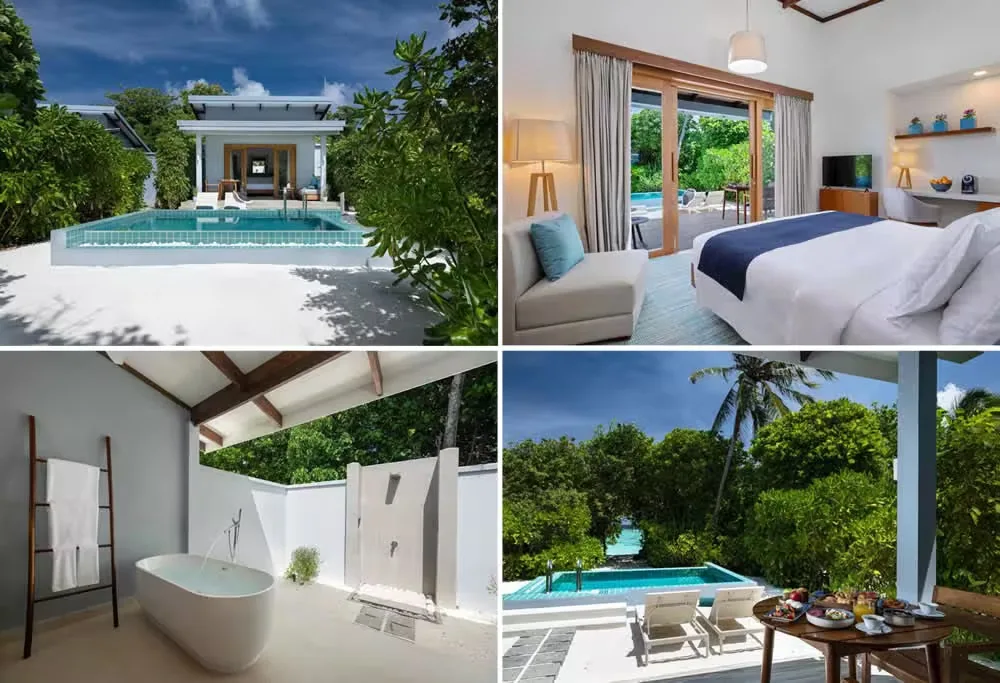 Ifuru Island Maldives, villa beach, Raa Atoll, Maldives, Beach Villa with Pool, multi-angle composite: exterior pavilion with private plunge pool, bedroom interior with king bed and sliding doors to the garden, semi-outdoor bathroom with freestanding tub and ladder towel rack, breakfast laid on the pool deck under the palm canopy.