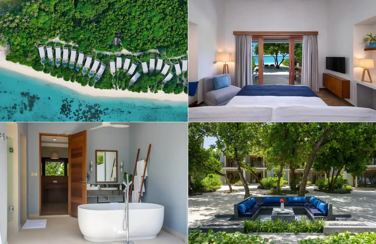 Ifuru Island Maldives, villa multi bedroom, Raa Atoll, Maldives, Island Reserve large-group accommodation, multi-angle composite: aerial of the row of beach-villa pavilions along the reef edge, primary bedroom with king bed and glass-door beach access, semi-outdoor bathroom with freestanding tub, outdoor concrete-and-blue-cushion lounge under the canopy trees.