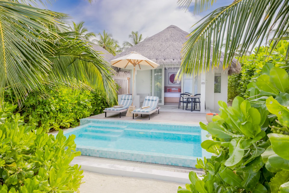 Sun Siyam Iru Veli, villa beach, Dhaalu Atoll, Maldives, Beach Suite with Pool exterior, a single thatched-roof beach pavilion with a white-tiled rectangular plunge pool and mosaic edge, white umbrella and twin sun loungers on the deck, dense palm canopy framing the entry.