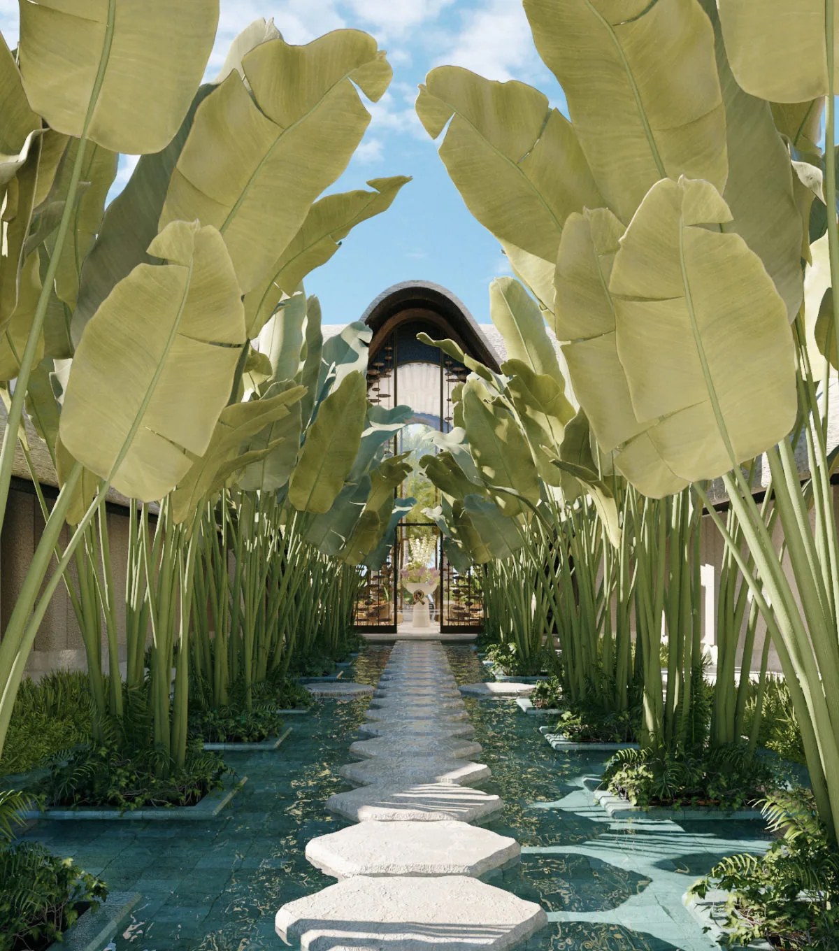 JOALI BEING, spa, Raa Atoll, Maldives, AREKA Wellbeing Centre entrance path, banana-plant leaves arching over a stepping-stone path through a shallow reflection pool, the architectural prelude to the treatment-room core.