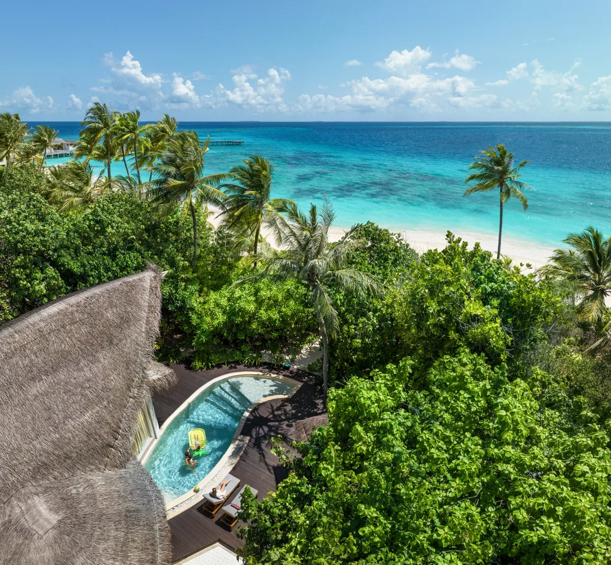 JW Marriott Maldives Resort & Spa, Duplex Beach Villa aerial with curved-edge private pool, Shaviyani Atoll, Maldives