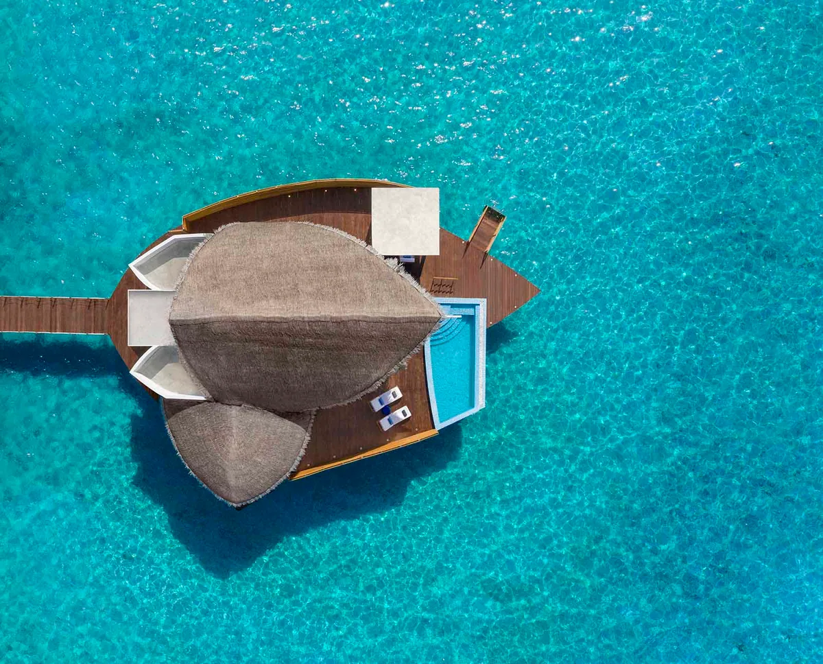 JW Marriott Maldives Resort & Spa, Duplex Overwater Villa top-down with teardrop thatched roof, Shaviyani Atoll, Maldives