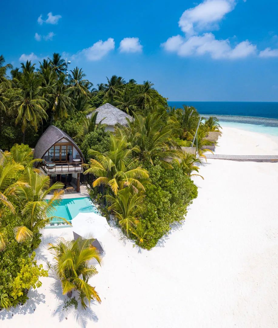 Kandolhu Maldives, villa beach, Alif Alif Atoll (North Ari), Maldives, Duplex Pool Villa drone perspective, two-storey A-frame thatched-roof villa nestled in dense palm canopy with the private pool at the ground level, the property's distinctive two-storey beach-villa category.