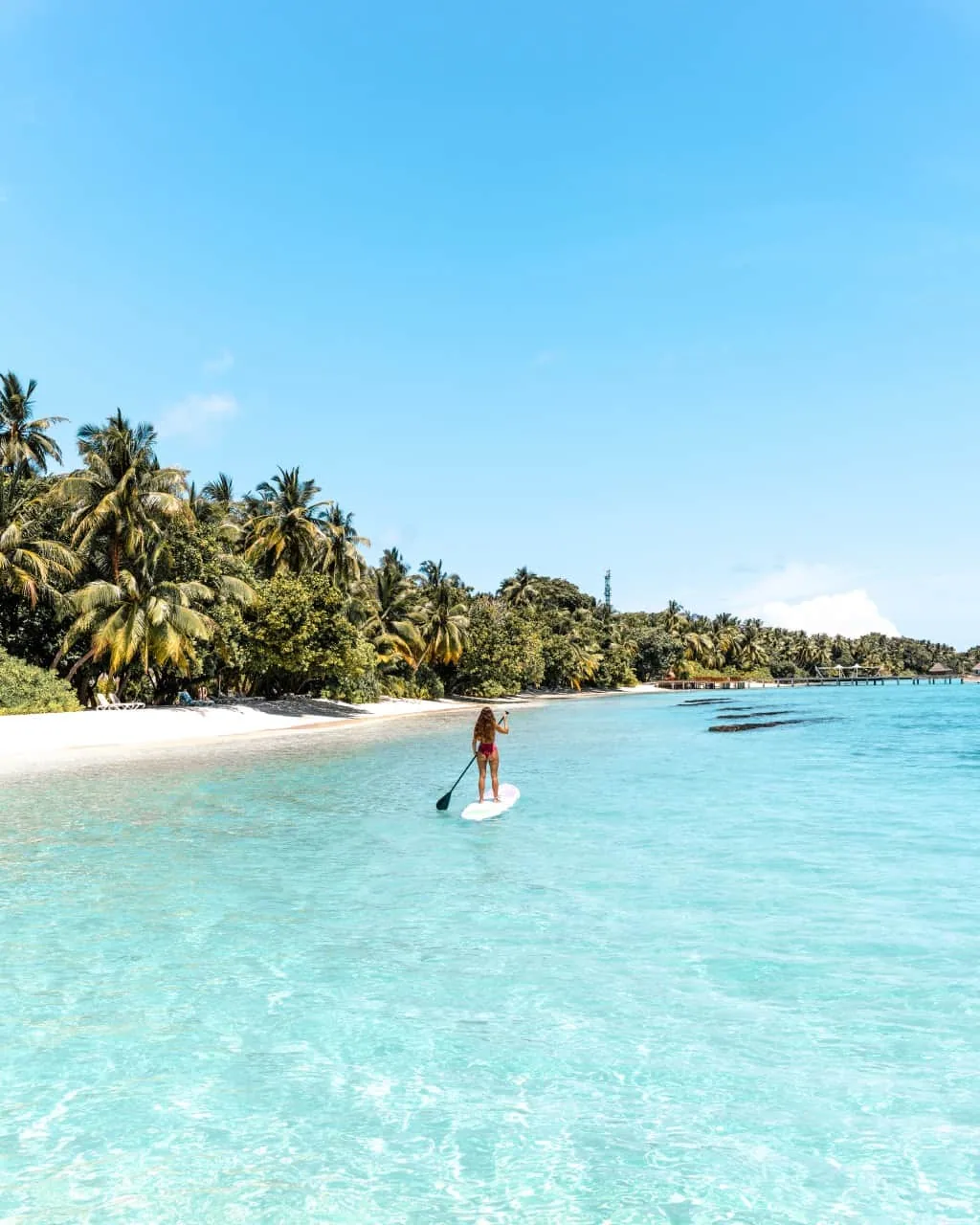 Niva Kuramathi Maldives (formerly Kuramathi Maldives), activities, Alif Alif Atoll (North Ari), Maldives, Stand-up paddleboarder gliding across the crystal-clear shallow lagoon, the Kuramathi palm-covered coast and a thatched-pavilion jetty reading in the middle distance. The walking-circuit-supplemented watersports programme.