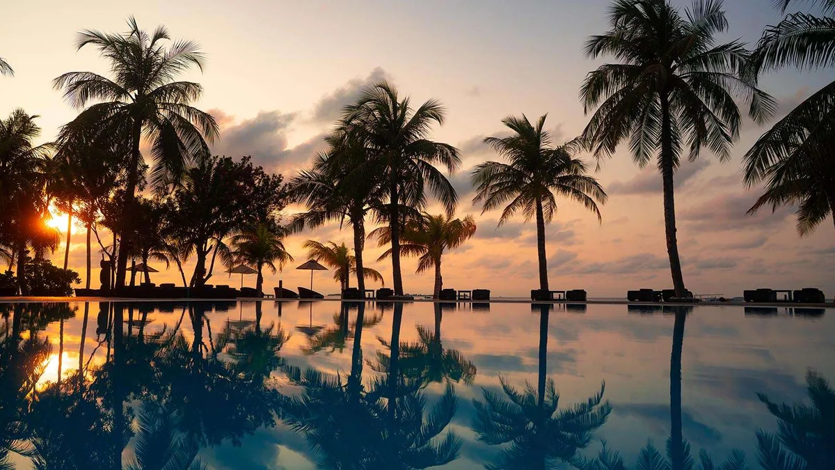 Kuredu Resort Maldives, pool, Lhaviyani Atoll, Maldives, Main pool at sunrise: infinity-edge pool with still water surface reflecting silhouettes of tall coconut palms and sun loungers along the far edge, peach-and-blue dawn sky over the lagoon horizon, the property's principal pool setting captured in the contemplative pre-breakfast hour.