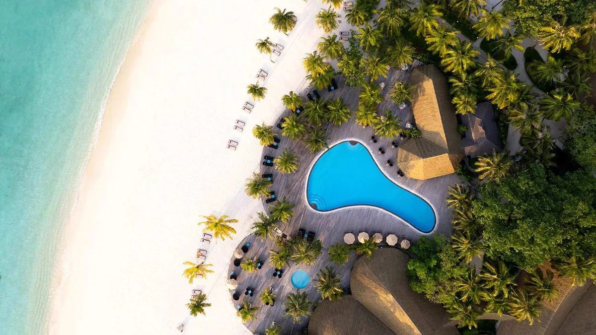 Kuredu Resort Maldives, pool, Lhaviyani Atoll, Maldives, O Pool aerial top-down: the property's distinctive guitar-pick-shape (oval-with-handle) pool on the beach edge, surrounded by sun-lounger rows and parasols tucked into the dense coconut canopy, white sand fringe meeting turquoise lagoon at the left edge, the geometric pool aesthetic.