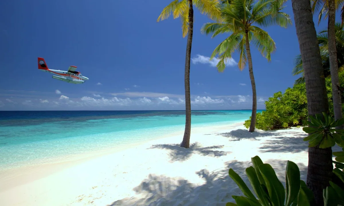 Mirihi Island Resort, setting, Alif Dhaal (South Ari) Atoll, Maldives, Trans Maldivian Twin Otter on final approach low over the lagoon at Mirihi's western beach, palm canopy framing the strand.