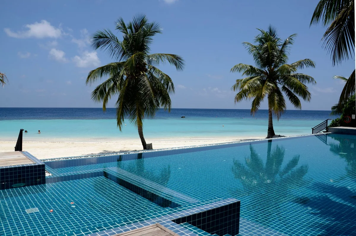 Outrigger Konotta Maldives Resort, setting, Gaafu Dhaalu Atoll, Maldives, Main pool with infinity edge and mosaic-blue tiled bottom, twin coconut palms framing the lagoon view, white-sand beach immediately beyond the pool edge, the perimeter villa cluster suggested at the far right.