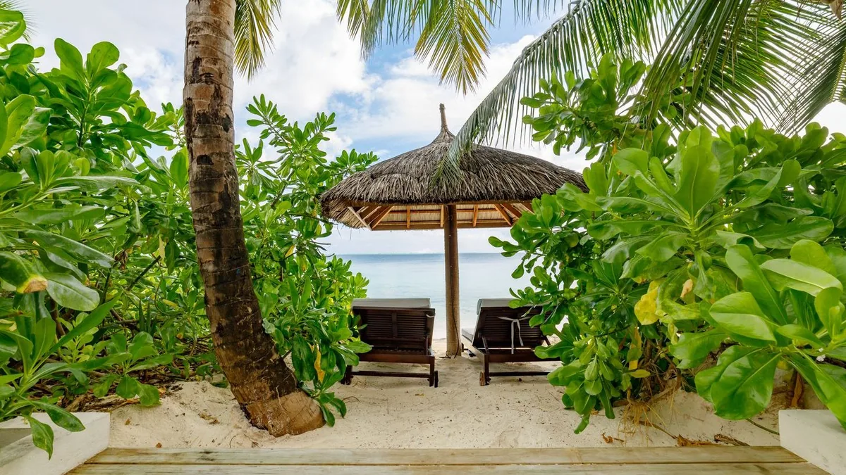 OZEN RESERVE BOLIFUSHI, setting, South Malé Atoll, Maldives, Earth Pool Villa private beach access: a palm-fringed sand path leading through dense sea-grape foliage to a thatched-palm-leaf parasol on the beach, twin dark loungers in the sand, the turquoise lagoon beyond.