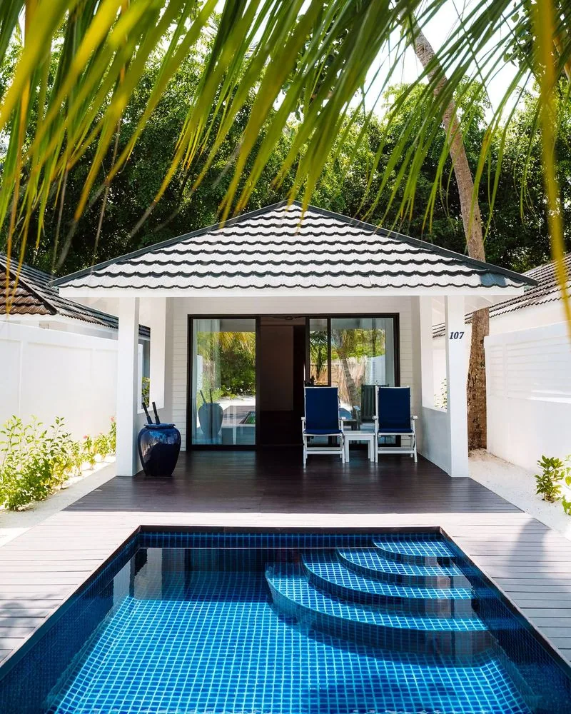 Paradise Island Resort & Spa, villa beach, North Malé Atoll, Maldives, Beach Pool Villa at the perimeter configuration: stand-alone white-walled villa with the property's signature nautical aesthetic  ,   terracotta-tiled pyramid roof, paired blue chairs on the deck, blue-tile plunge pool with sun-deck steps, and palm canopy framing the approach (Lankanfinolhu, room 107 example).