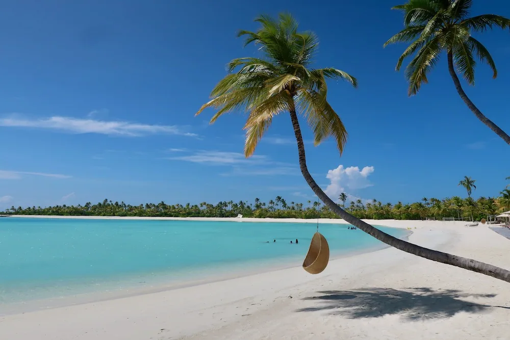 Patina Maldives, Fari Islands, setting, North Malé Atoll, Maldives, Main beach shoreline on the eastern Fari Islands cluster, white-sand beach with palm shade and the protected lagoon dropping into the reef edge, the swimming-quality water the property's south-facing aspect delivers year round.