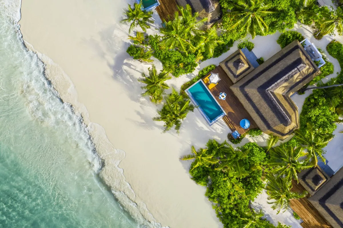 Pullman Maldives Maamutaa, villa beach, Gaafu Alifu Atoll, Maldives, Top-down aerial of a Family Beach Pool Villa, palm-canopy surrounding a dark gabled-roof villa with a private rectangular pool, white-sand beach with waves washing the shoreline at left.