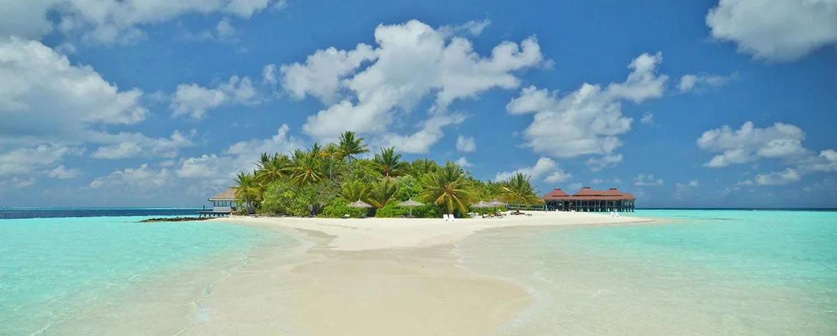 Ranveli Village, setting, Alif Dhaal (South Ari) Atoll, Maldives, Villingilivaru island panorama from the sandbar with the dense palm-canopy crown over the island spine and the red-tile-roof over-water restaurant pavilion projecting at the right edge, the property's most identifying composition.