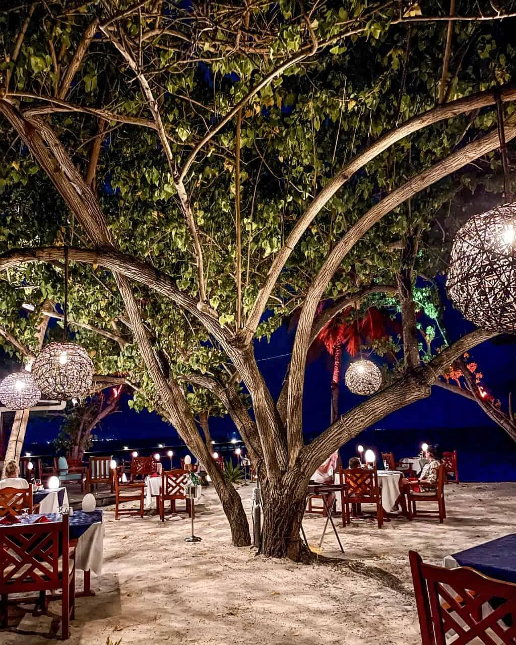 Royal Island Resort & Spa, dining, Baa Atoll, Maldives, Raabondhi seafood restaurant by night, the mature banyan-and-seagrape tree branches strung with woven-rattan orb pendant lights above wooden dining tables and chairs set on soft white sand, dark-blue night sky stretching to the lagoon horizon.