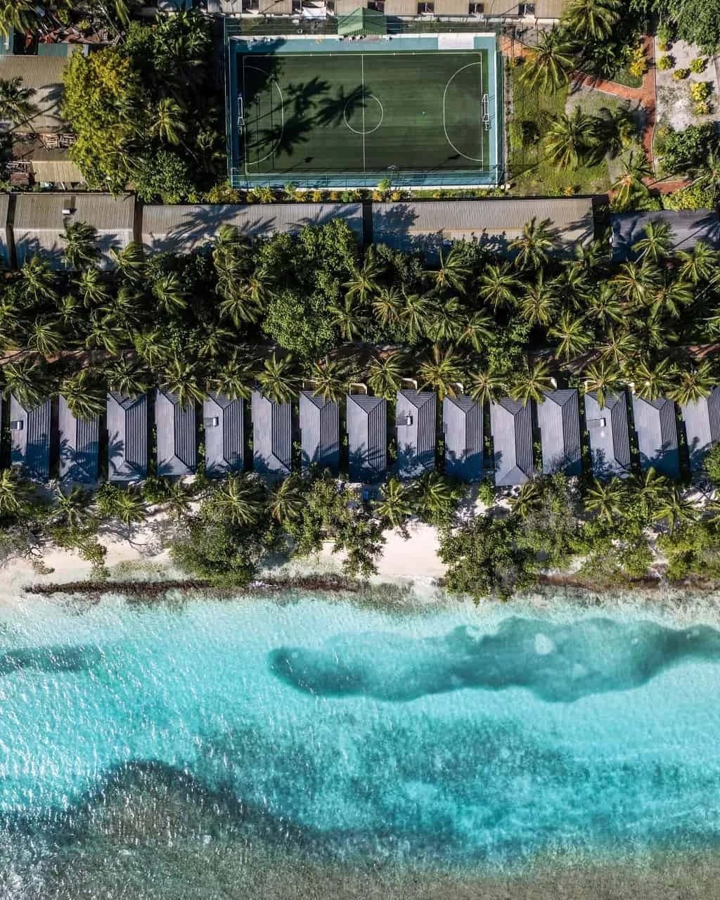 Royal Island Resort & Spa, aerial, Baa Atoll, Maldives, Beach villa row from the top-down drone view, the line of pitched-roof villas with thatched-fringe eaves laid out along the white-sand beach edge, the green football pitch visible at the back-of-house, dense coconut-palm canopy framing the property and the underwater sand-bar visible through the shallow turquoise lagoon.