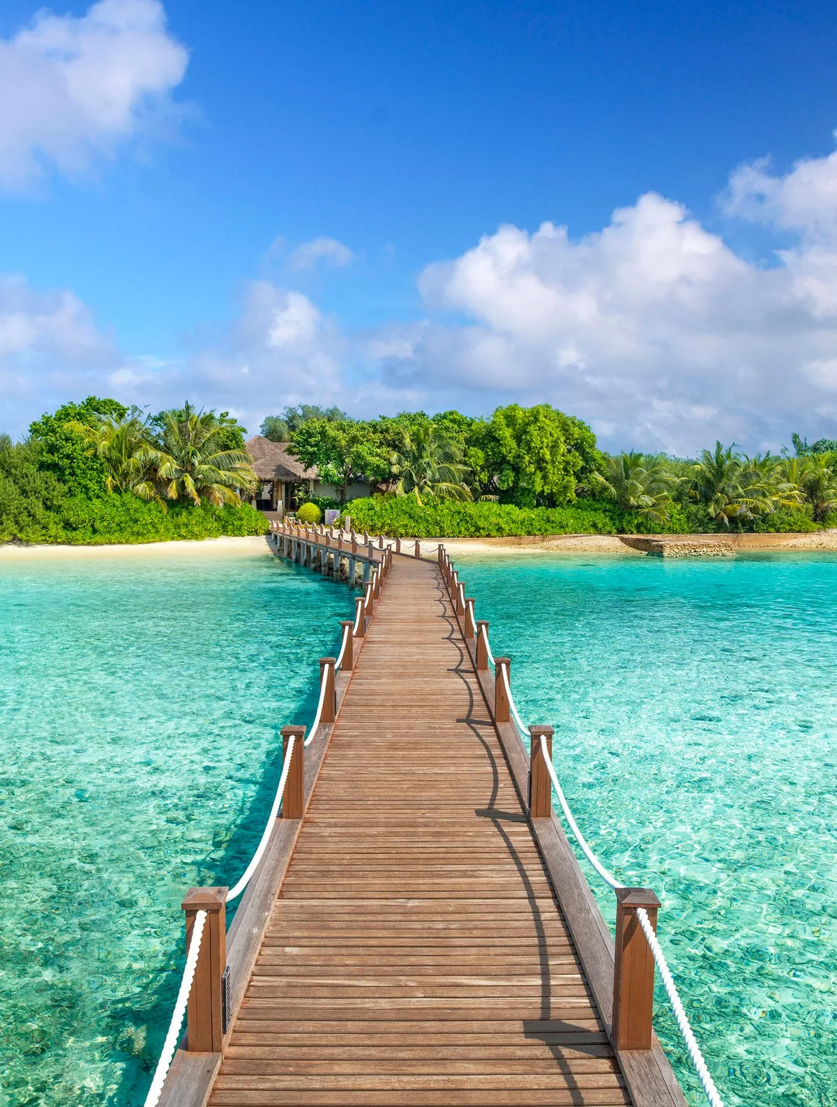 Sheraton Maldives Full Moon Resort & Spa, spa, North Malé Atoll, Maldives, Shine Spa walkway: long wooden boardwalk extending across the reef from the main island to the spa pavilion on its own palm-covered islet, white rope-railing posts on both sides, distinct thatched-roof spa pavilion at the far end (the spa as a dedicated detached-islet pavilion within the full-moon lagoon).