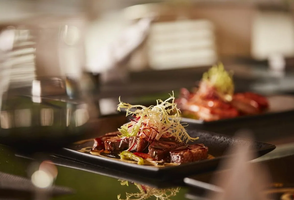 Siyam World Maldives, Teppanyaki Japanese plated wagyu beef cubes with frisée and chili microgreens on black slate, Noonu Atoll, Maldives